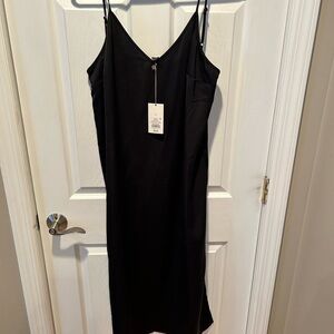 Chic Black Midi Satin Dress with Spaghetti Straps- NWT